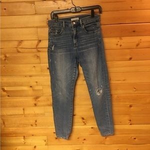 Distressed Sustainable Style Jeans By Loft, Belted Waist, Pockets in Front & Bac